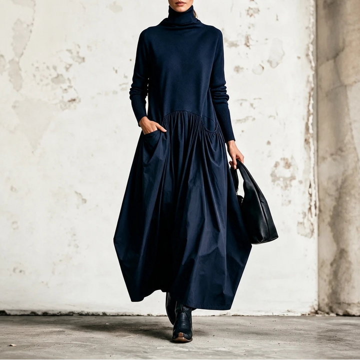 Dames Maxi Jurk met Hoge Hals en Zakken in blauw, Comfortabel