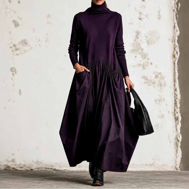 Dames Maxi Jurk met Hoge Hals en Zakken in donkerpaars, Comfortabel