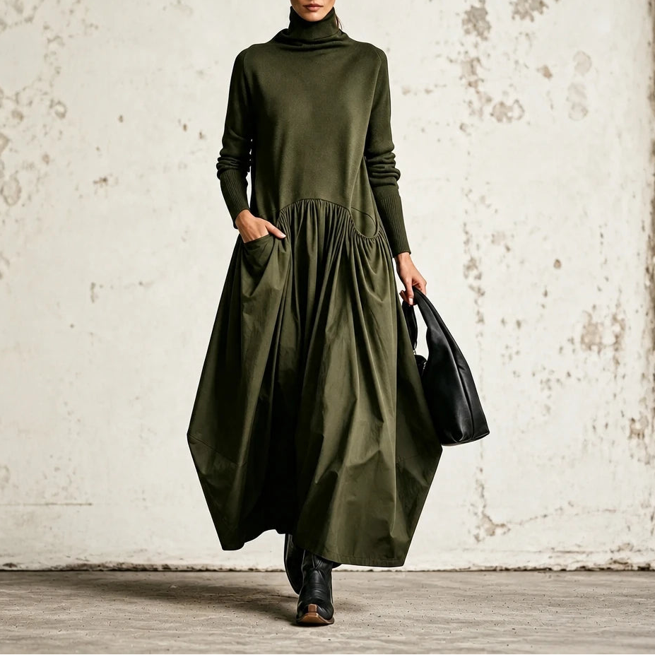 Dames Maxi Jurk met Hoge Hals en Zakken in groen, Comfortabel