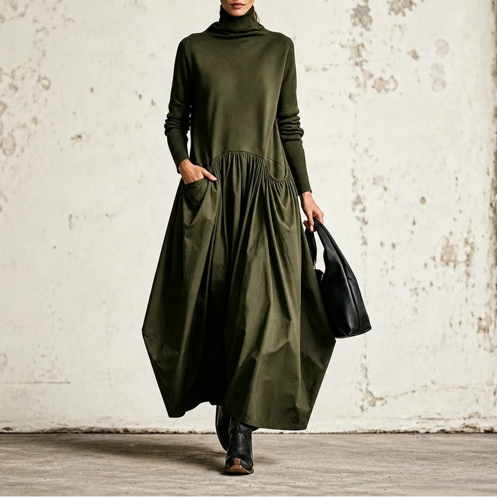 Dames Maxi Jurk met Hoge Hals en Zakken in groen, Comfortabel