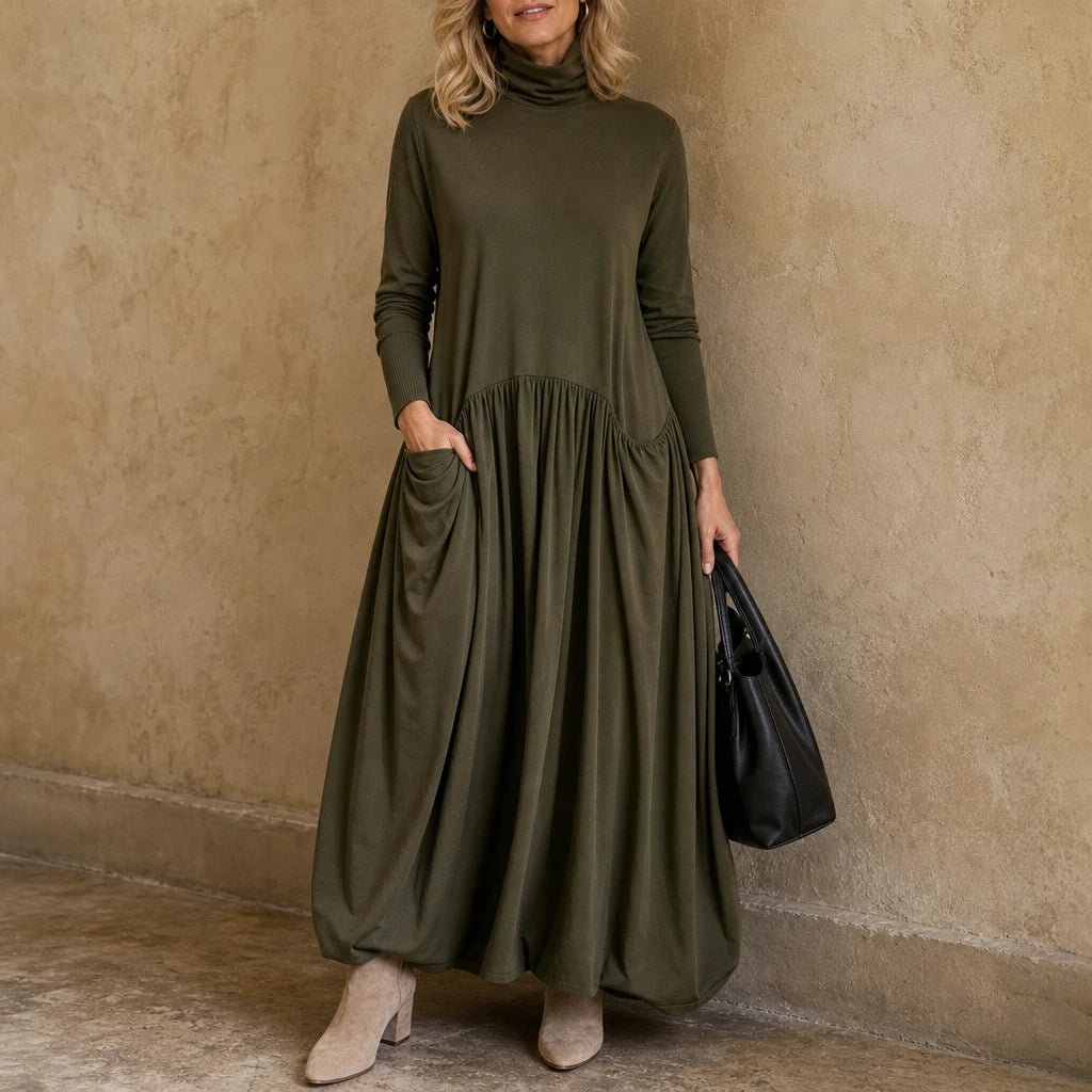 Dames Maxi Jurk met Hoge Hals en Zakken - Comfortabel