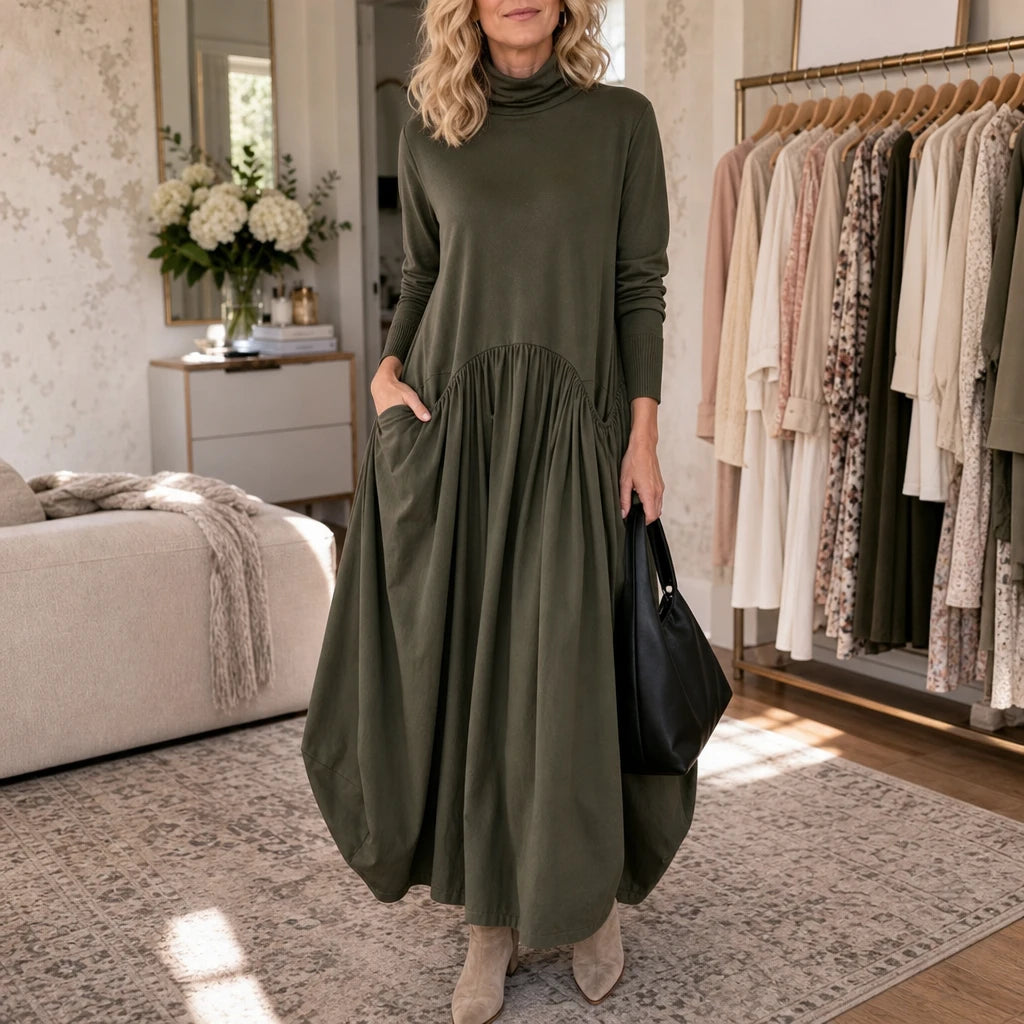 Dames Maxi Jurk met Hoge Hals en Zakken - Comfortabel