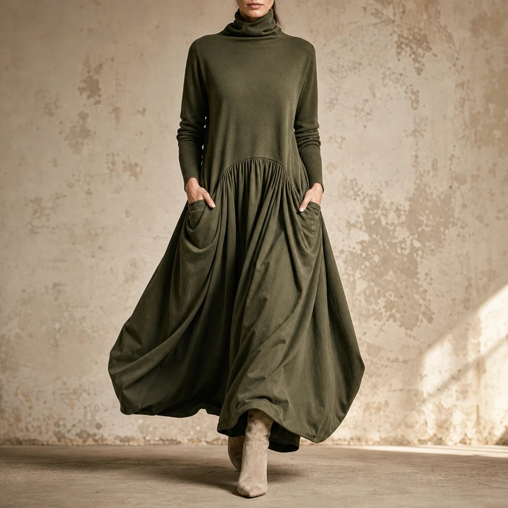 Dames Maxi Jurk met Hoge Hals en Zakken - Comfortabel