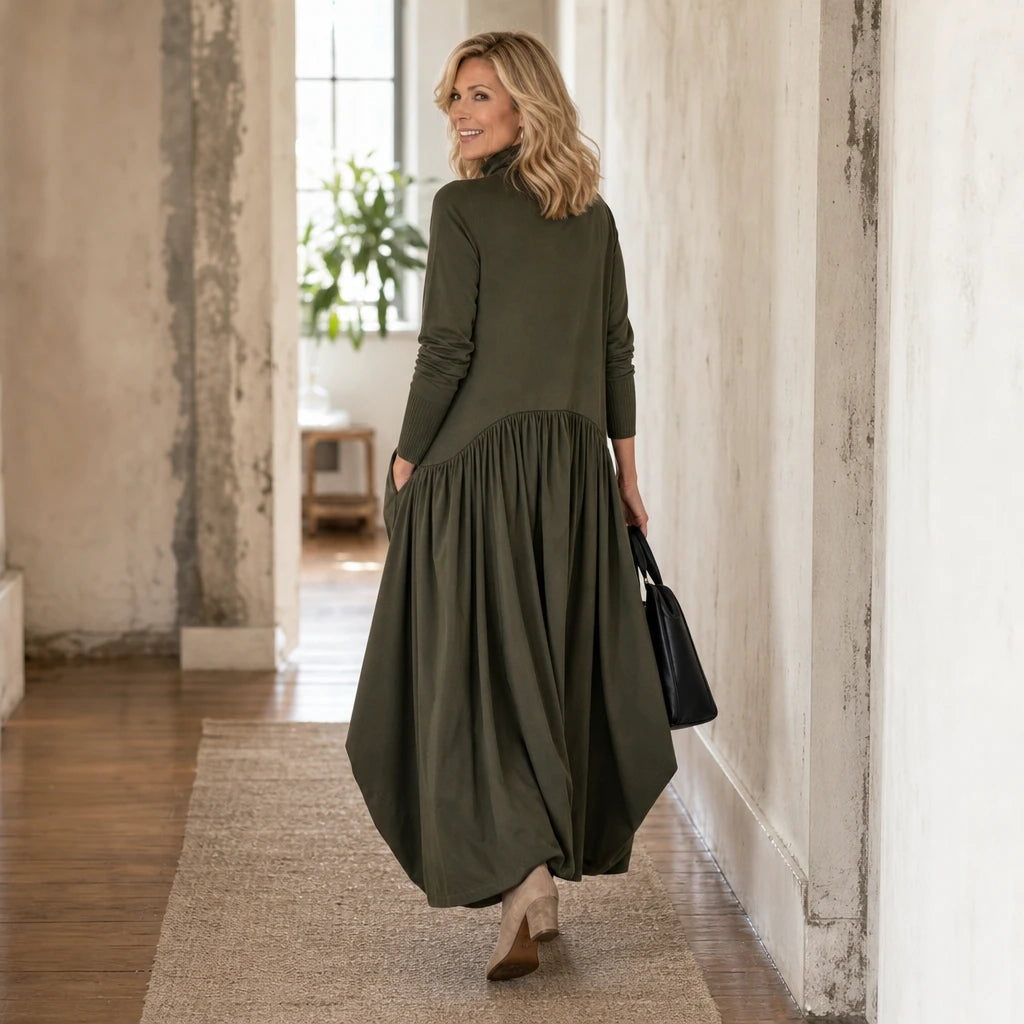 Dames Maxi Jurk met Hoge Hals en Zakken - Comfortabel