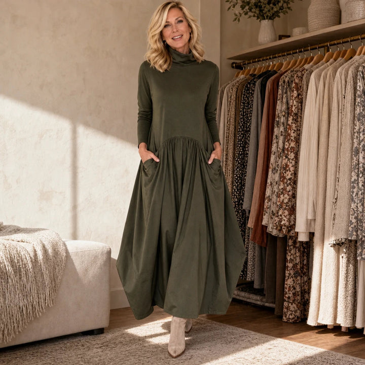 Dames Maxi Jurk met Hoge Hals en Zakken - Comfortabel