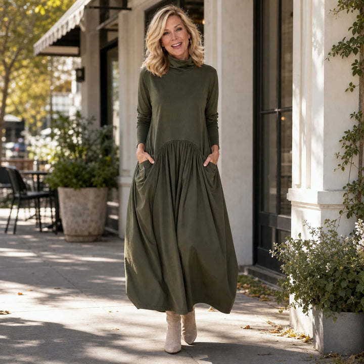 Dames Maxi Jurk met Hoge Hals en Zakken - Comfortabel