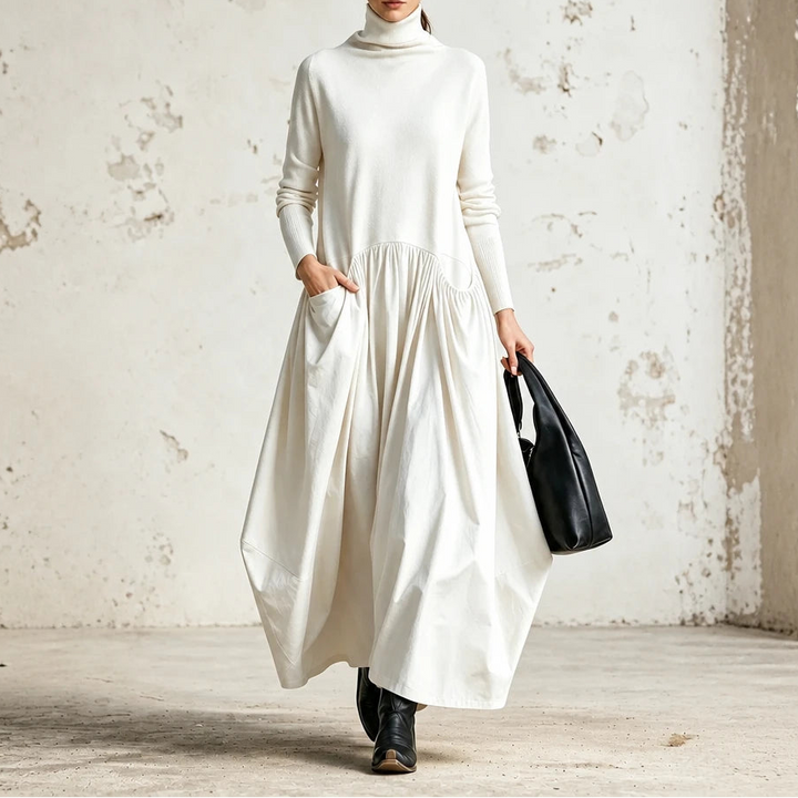 Dames Maxi Jurk met Hoge Hals en Zakken in wit, Comfortabel