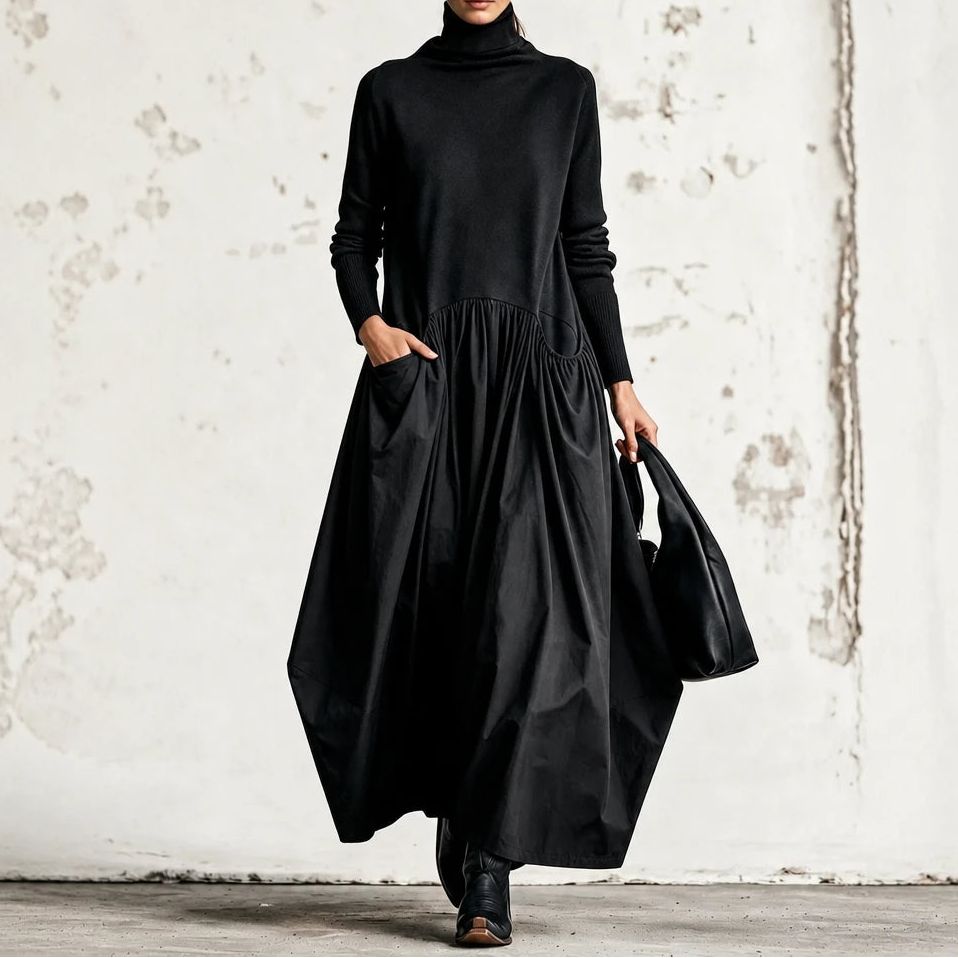 Dames Maxi Jurk met Hoge Hals en Zakken in zwart, Comfortabel