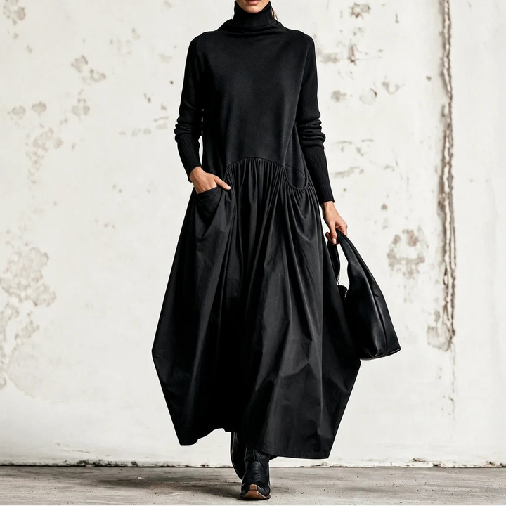 Dames Maxi Jurk met Hoge Hals en Zakken in zwart, Comfortabel
