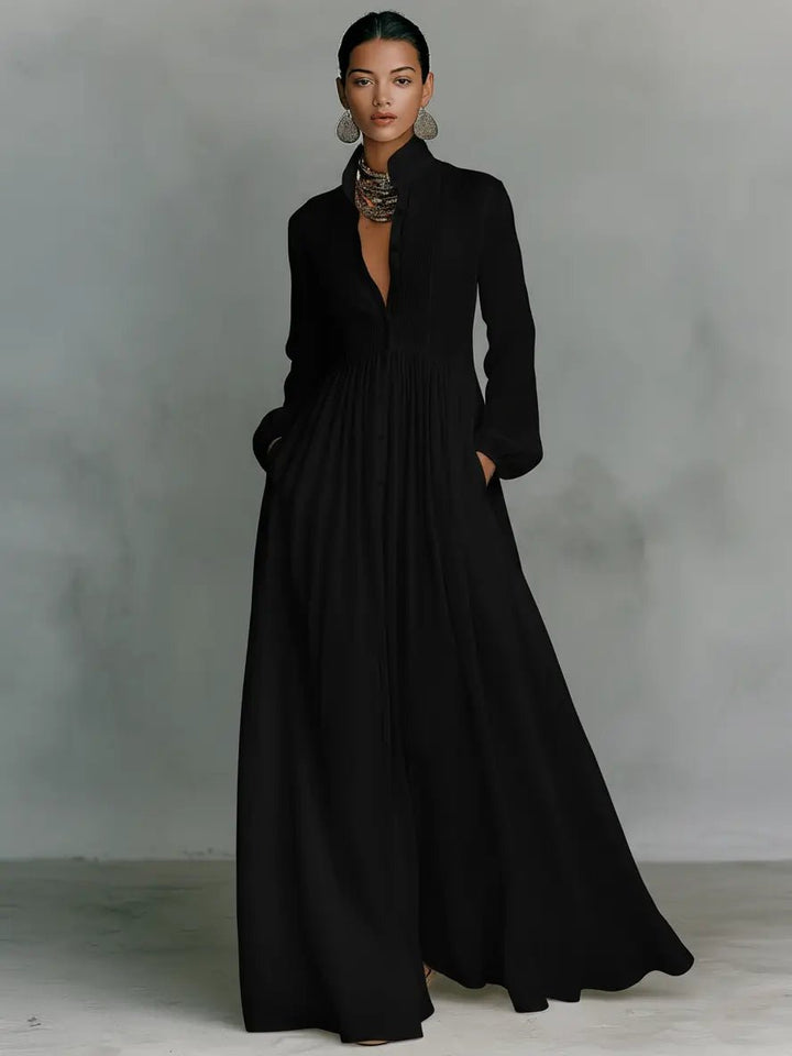 Dames maxi-jurk met knopen in zwart, elegant en comfortabel