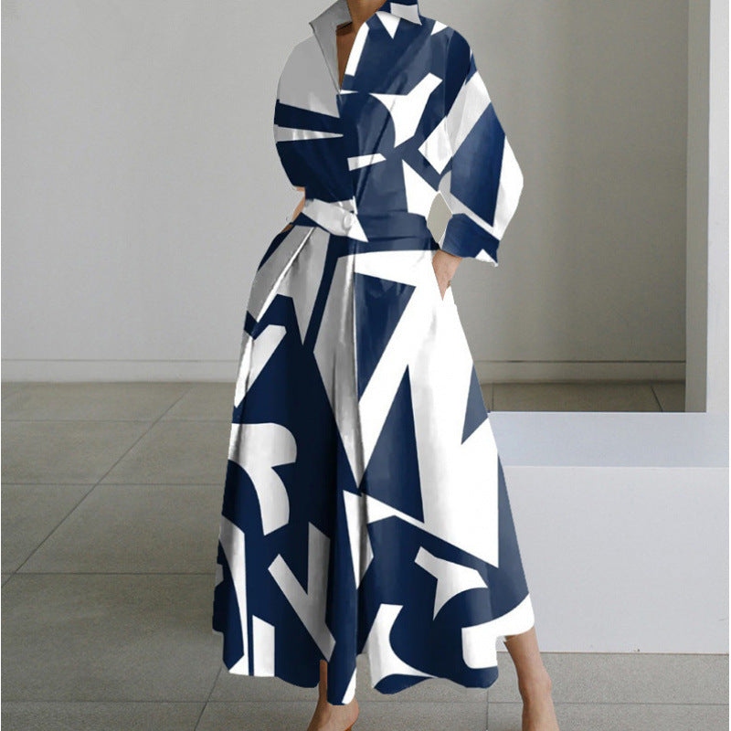 Dames Maxi-jurk met kraag en wikkelvoorkant - Elegant - Blauw met strepen