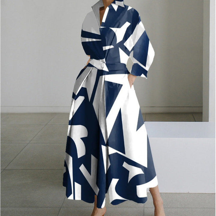 Dames Maxi-jurk met kraag en wikkelvoorkant - Elegant - Blauw met strepen