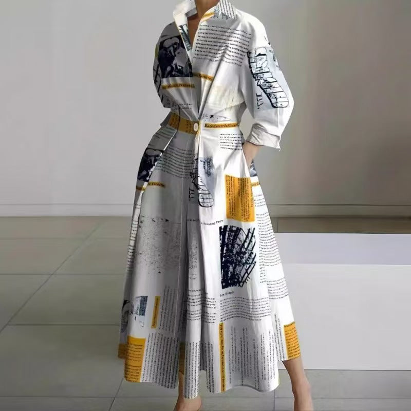 Dames Maxi-jurk met kraag en wikkelvoorkant - Elegant - Geel met krantpatroon
