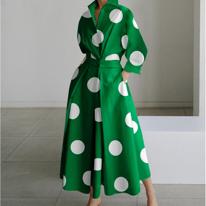Dames Maxi-jurk met kraag en wikkelvoorkant - Elegant - Groen met stippen