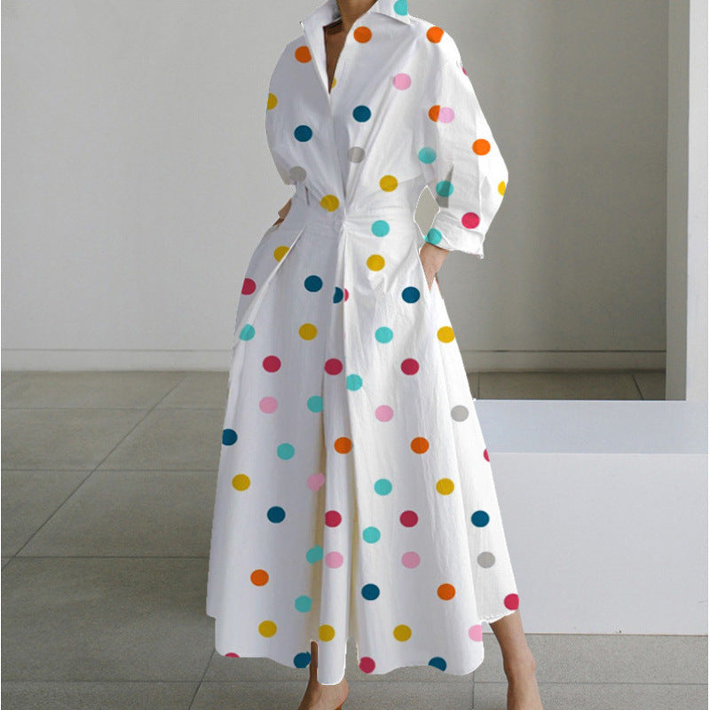 Dames Maxi-jurk met kraag en wikkelvoorkant - Elegant - Regenboog met stippen