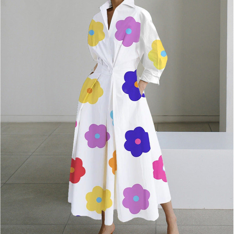 Dames Maxi-jurk met kraag en wikkelvoorkant - Elegant - Wit met bloemen