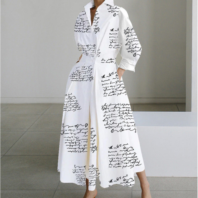 Dames Maxi-jurk met kraag en wikkelvoorkant - Elegant - Wit met letters