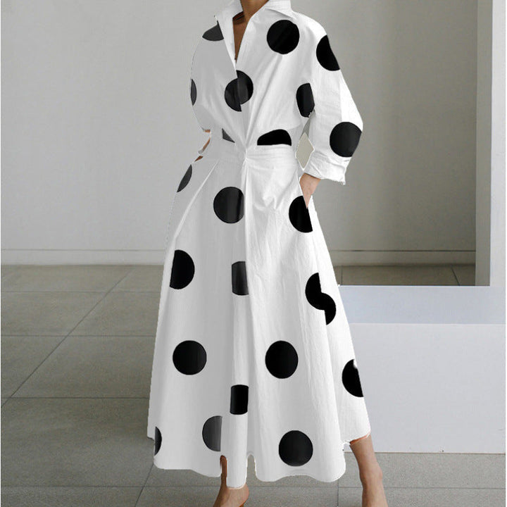 Dames Maxi-jurk met kraag en wikkelvoorkant - Elegant - Wit met stippen
