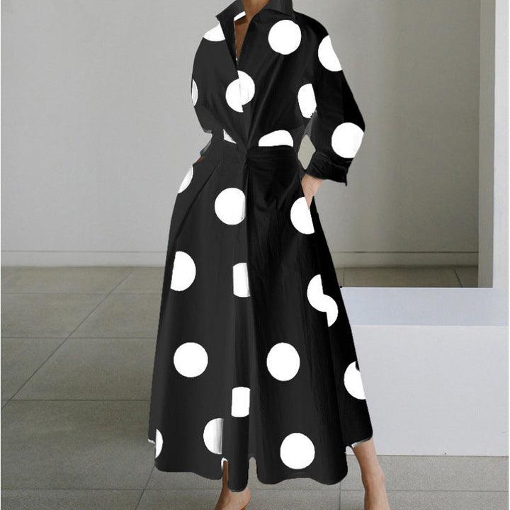 Dames Maxi-jurk met kraag en wikkelvoorkant - Elegant - Zwart met stippen