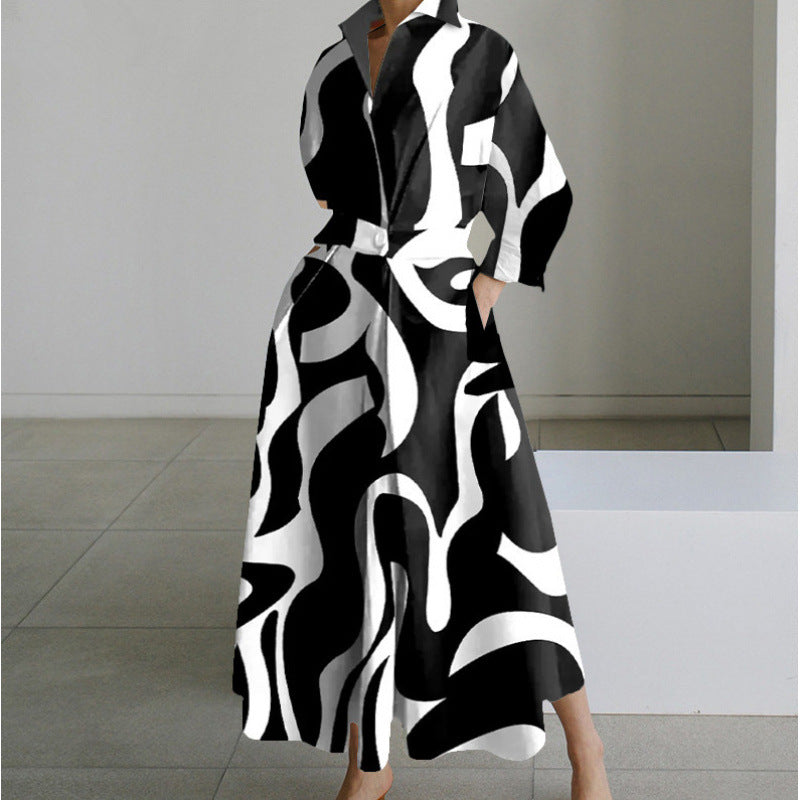 Dames Maxi-jurk met kraag en wikkelvoorkant - Elegant - Zwart met strepen