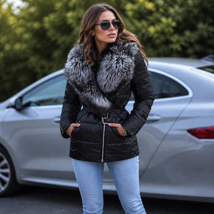 Dames Metallic Gewatteerde Jas met Bontkaraag in zwart, Elegant