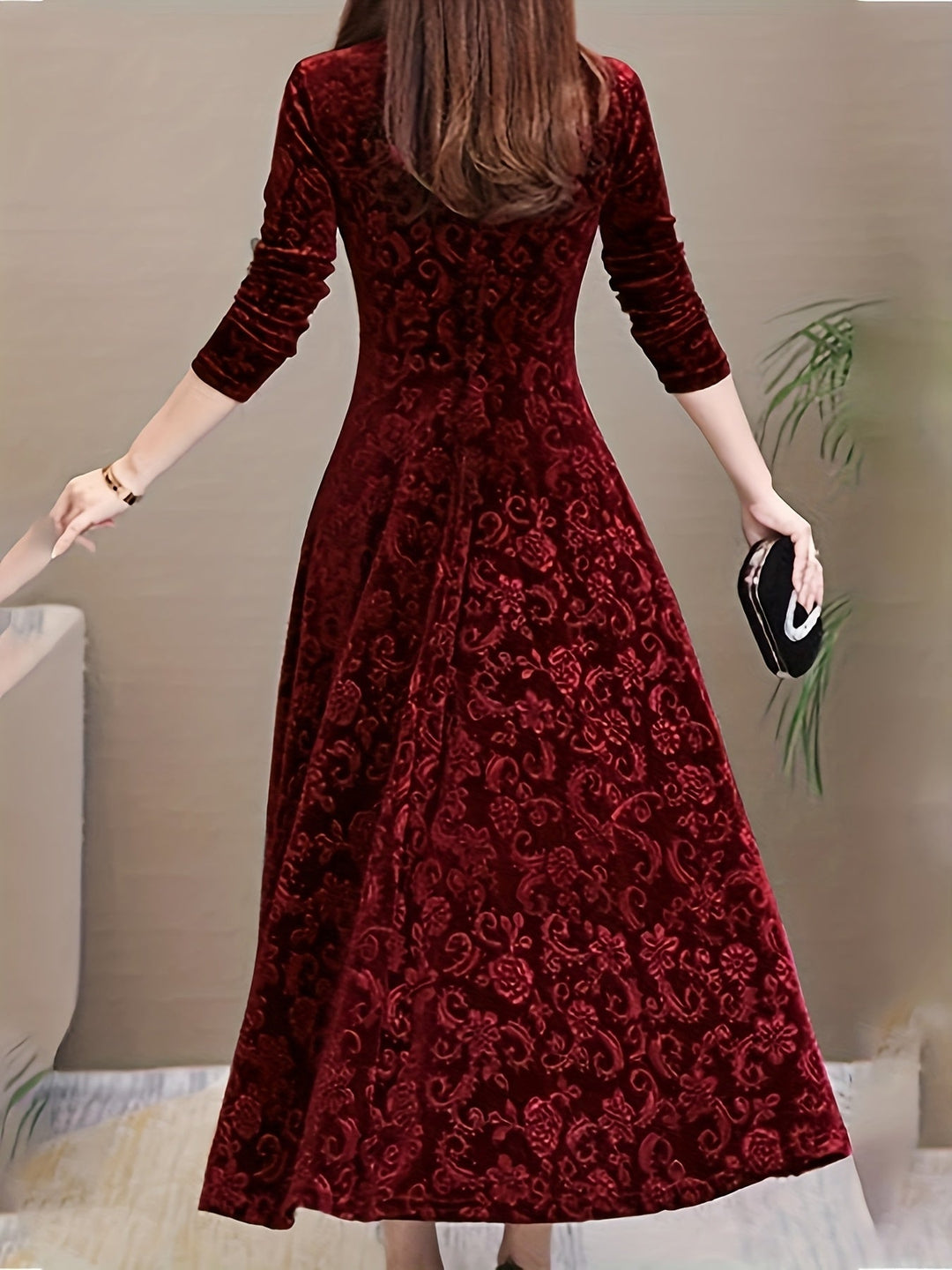 Dames midi-jurk met lange mouwen in bourgondisch, elegant en verfijnd