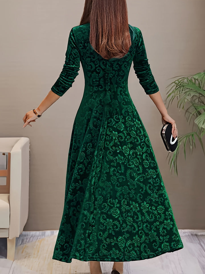 Dames midi-jurk met lange mouwen in donkergroen, elegant en verfijnd
