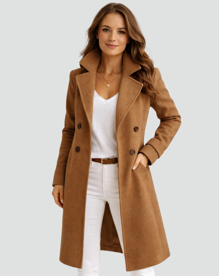 Dames midi trenchcoat - dubbele rij knopen, tailored fit - Bruin