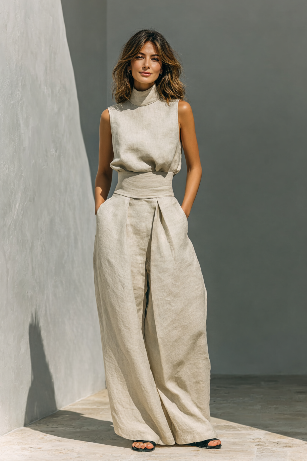 Dames Mouwloos Wijde Broek Set - Elegant Minimalistisch - Khaki