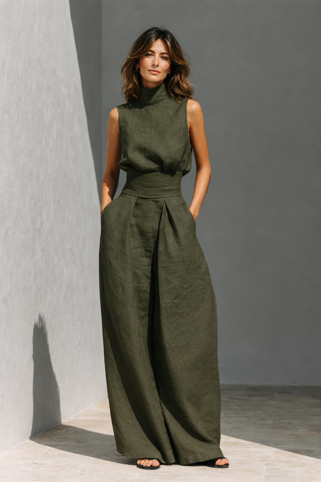 Dames Mouwloos Wijde Broek Set - Elegant Minimalistisch - Legergroen