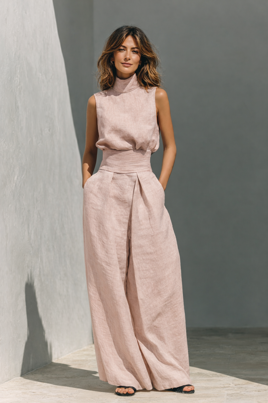 Dames Mouwloos Wijde Broek Set - Elegant Minimalistisch - Lichtroze
