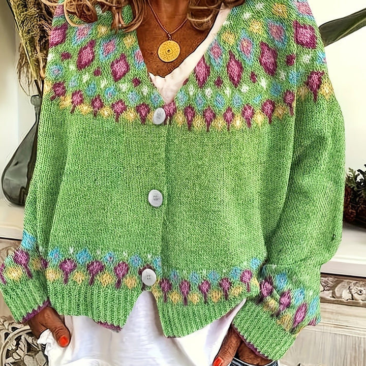 Dames Nordic Patroon Cardigan in groen, Klassieke Gebreide Laag