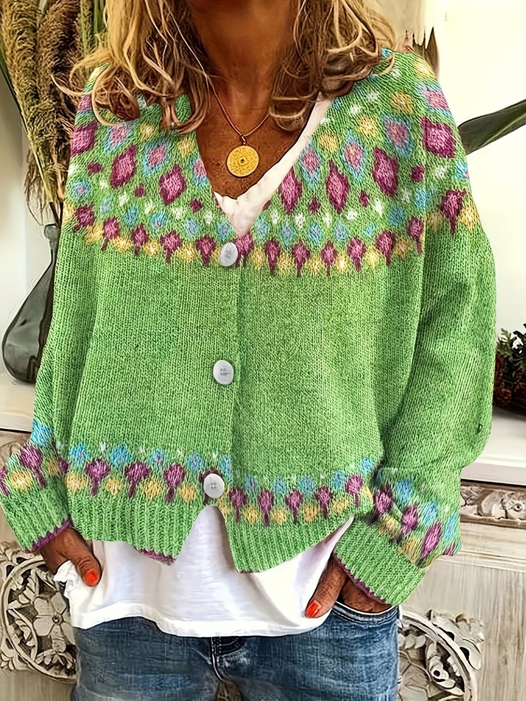 Dames Nordic Patroon Cardigan - Klassieke Gebreide Laag