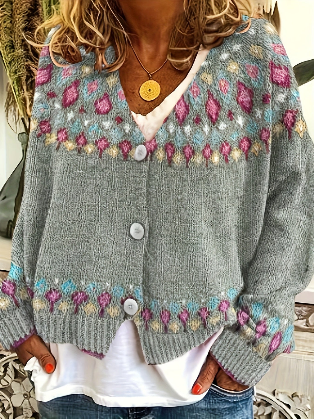 Dames Nordic Patroon Cardigan - Klassieke Gebreide Laag