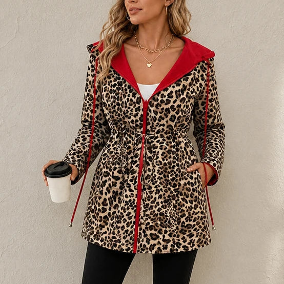 Dames Omkeerbare Luipaardprint Jas met Capuchon in rood, Twee Looks