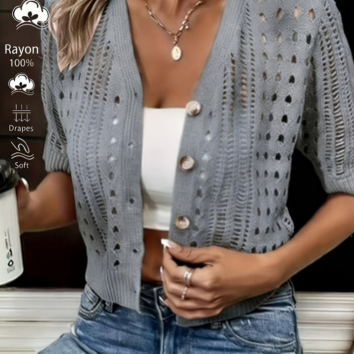 Dames Open-Knit Korte Mouwen Cardigan in donkergrijs, Elegant