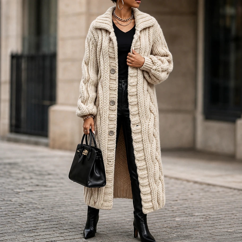 Dames Oversized Kabelgebreide Lange Cardigan in crème, Gezellig