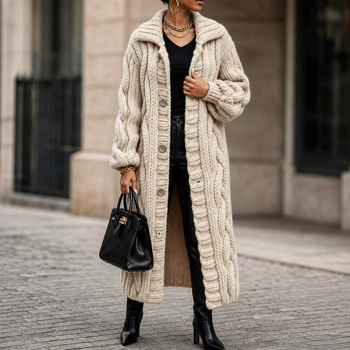 Dames Oversized Kabelgebreide Lange Cardigan in crème, Gezellig