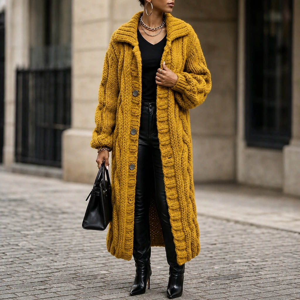 Dames Oversized Kabelgebreide Lange Cardigan in geel, Gezellig