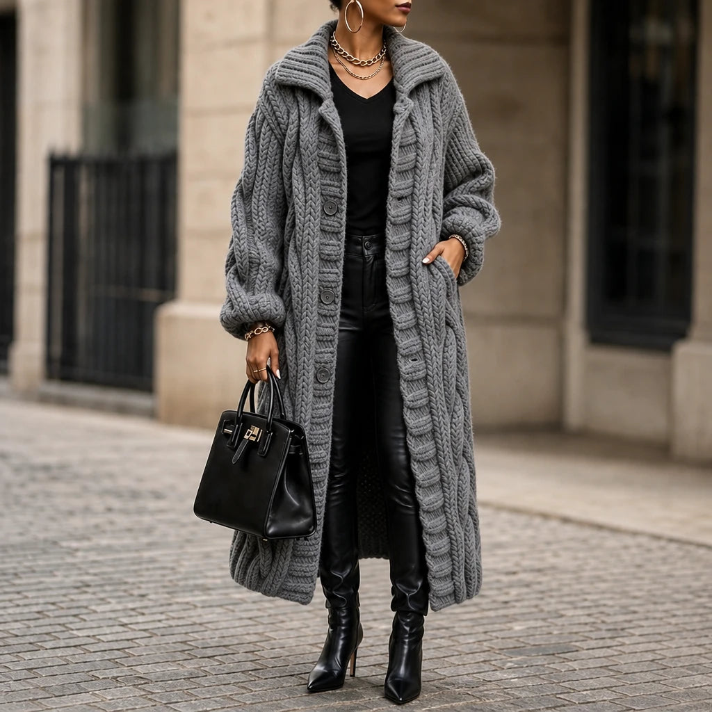 Dames Oversized Kabelgebreide Lange Cardigan in grijs, Gezellig