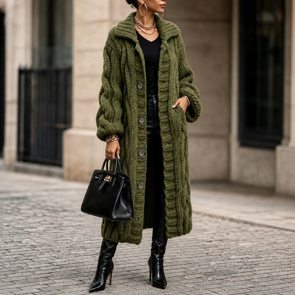 Dames Oversized Kabelgebreide Lange Cardigan in legergroen, Gezellig