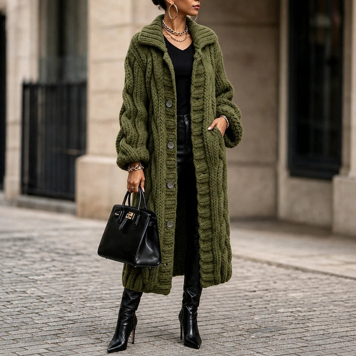 Dames Oversized Kabelgebreide Lange Cardigan in legergroen, Gezellig