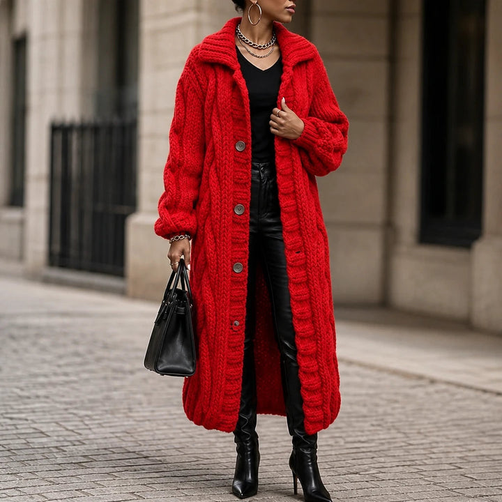 Dames Oversized Kabelgebreide Lange Cardigan in rood, Gezellig