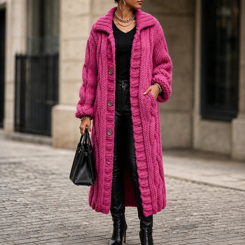 Dames Oversized Kabelgebreide Lange Cardigan in roserood, Gezellig