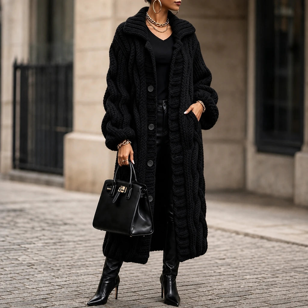Dames Oversized Kabelgebreide Lange Cardigan in zwart, Gezellig