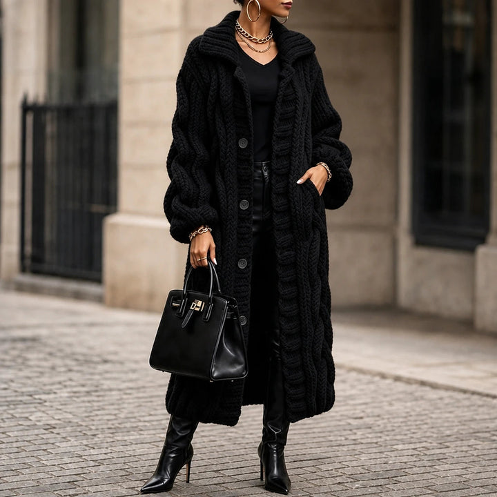 Dames Oversized Kabelgebreide Lange Cardigan in zwart, Gezellig