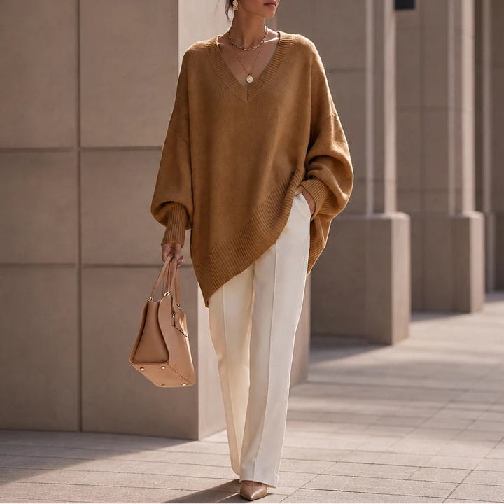 Dames oversized V-hals gebreide trui in abrikoos, Zacht en soepel