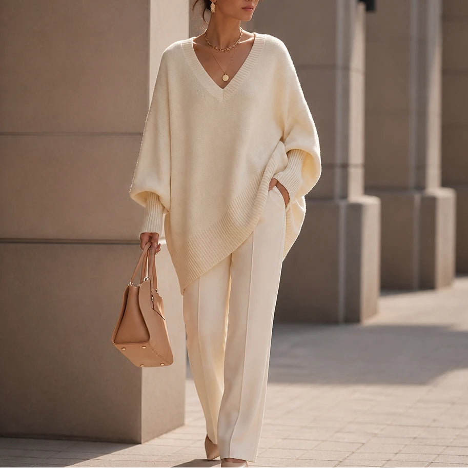 Dames oversized V-hals gebreide trui in crème, Zacht en soepel