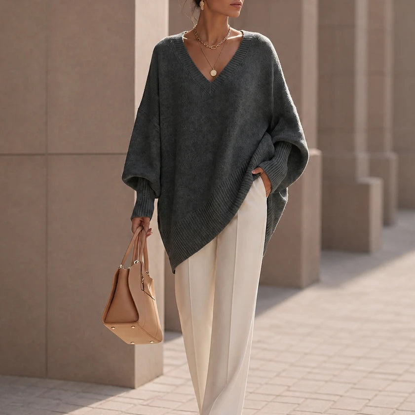 Dames oversized V-hals gebreide trui in donkergrijs, Zacht en soepel