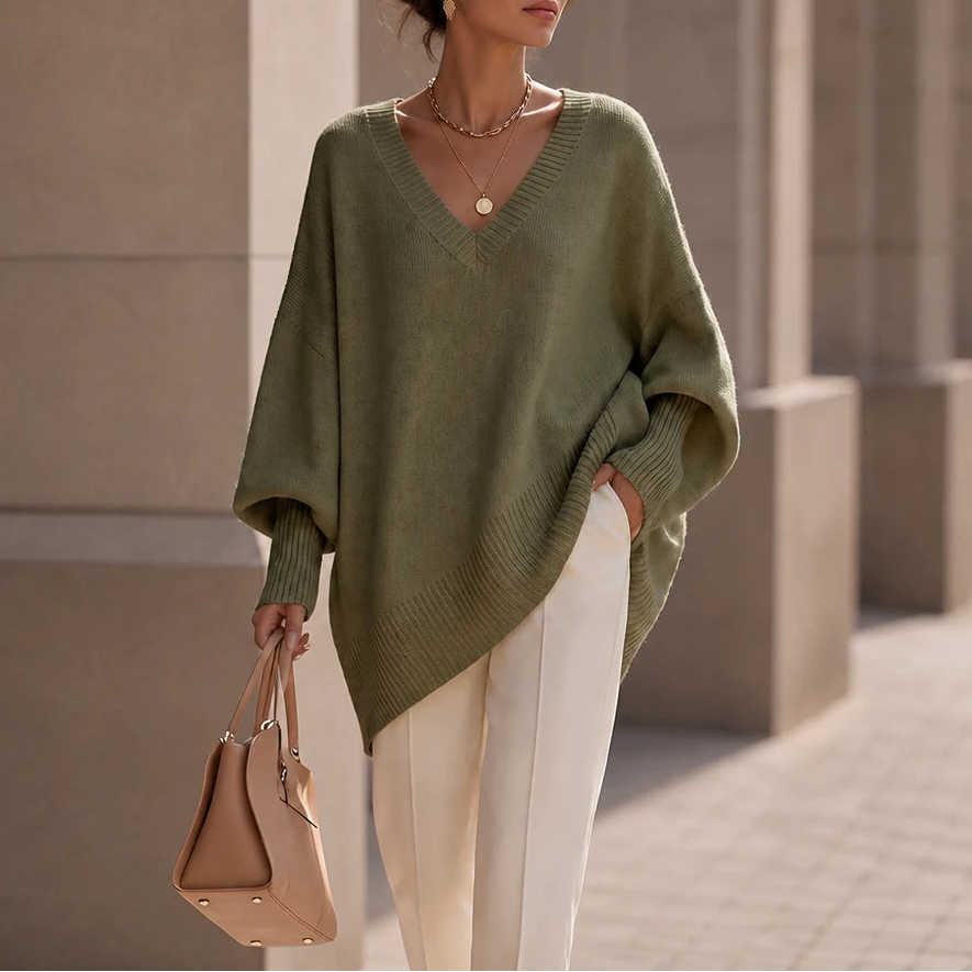 Dames oversized V-hals gebreide trui in groen, Zacht en soepel